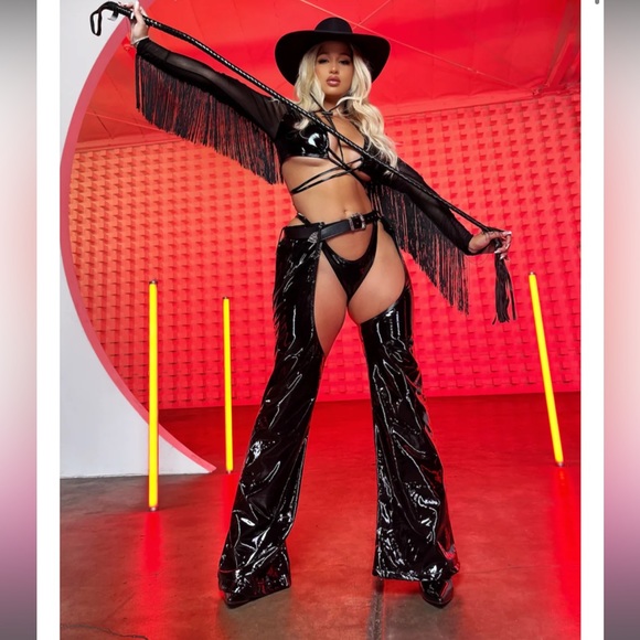 LORLIE - BEBESOTA BLACK VINYL SEXY COWGIRL HALLOWEEN COSTUME M/L - Picture 2 of 4